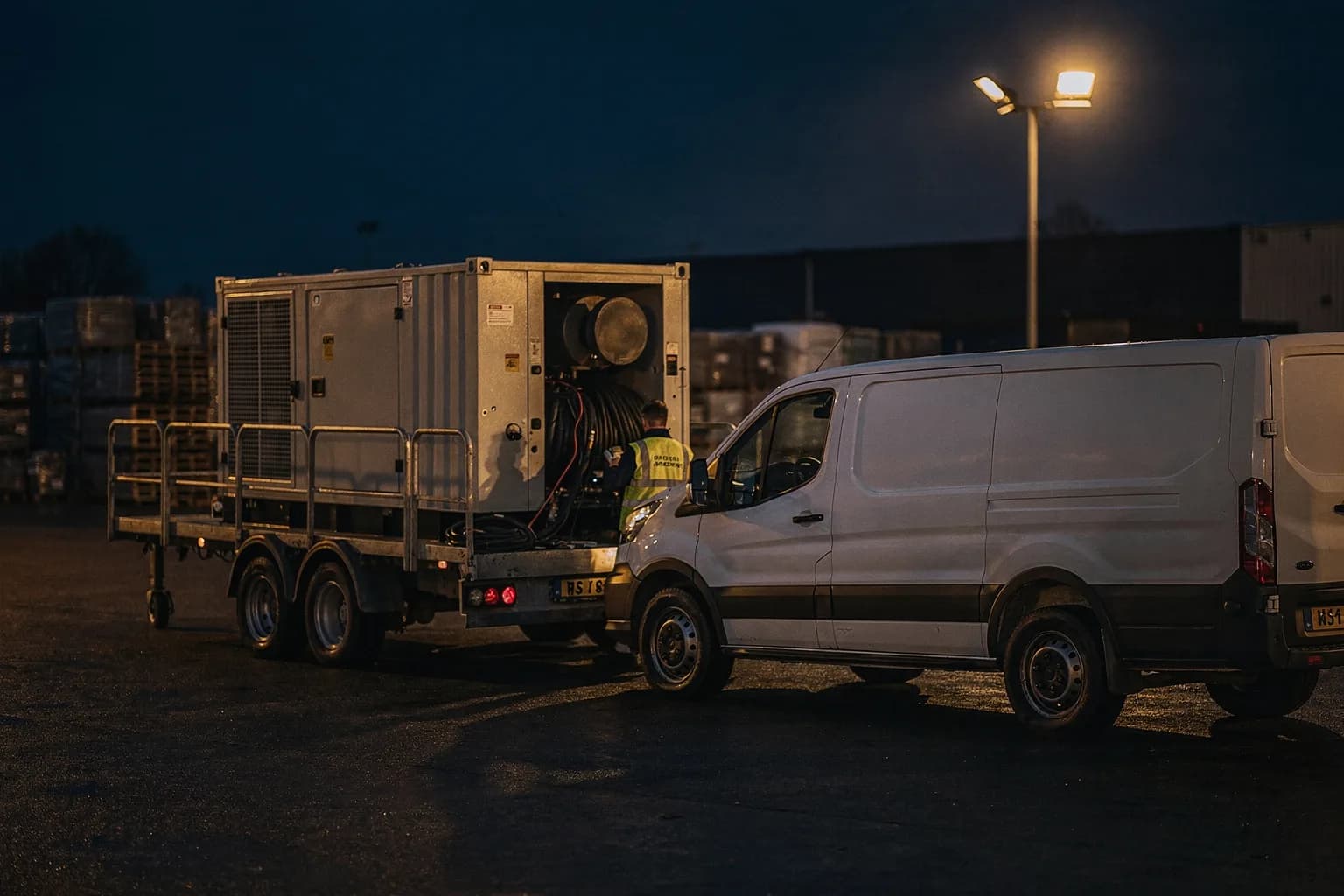 Betriebshof in der Dämmerung mit einem containergroßen Netzersatzaggregat auf einem Anhänger und einem Servicefahrzeug, ausgeleuchtet