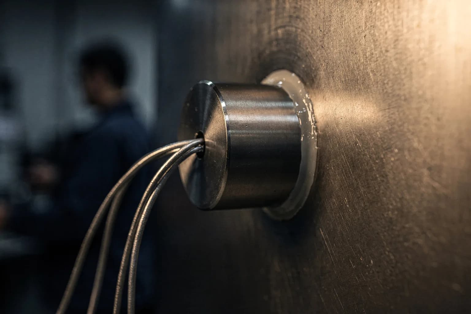 Extreme Nahaufnahme eines zylindrischen Ultraschallschwingers, der an eine Edelstahlwand geklebt ist, Verkabelung, sehr geringe Schärfentiefe
