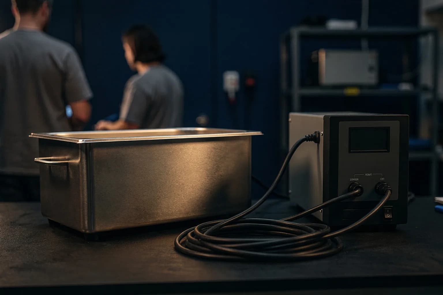 Werkbank mit einem Edelstahl-Ultraschallbad neben einem grauen Generatorgerät, aufgerollte Kabel, gleichmäßiges Licht, keine lesbare Anzeige
