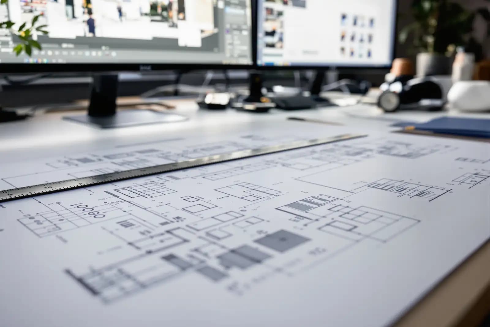 Zeichentisch mit großformatigen technischen Plänen und einem Zwei-Schirm-Arbeitsplatz dahinter