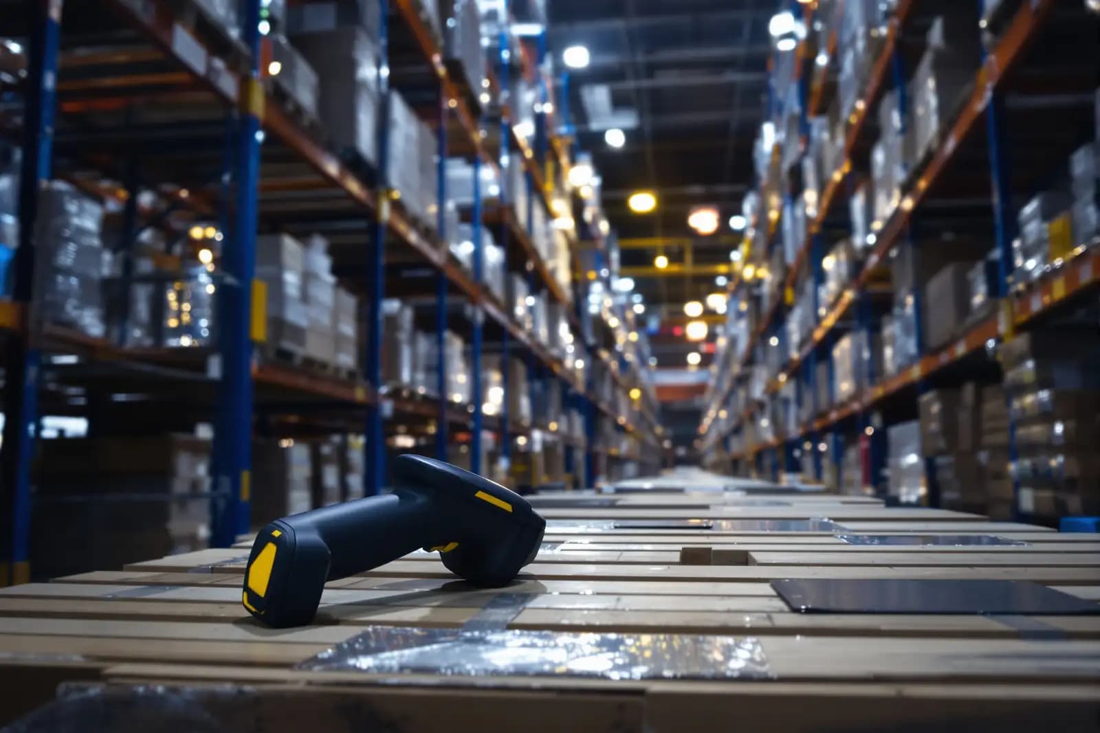 Handscanner an einem Regal mit beschrifteten Kartons in einem hellen Lager