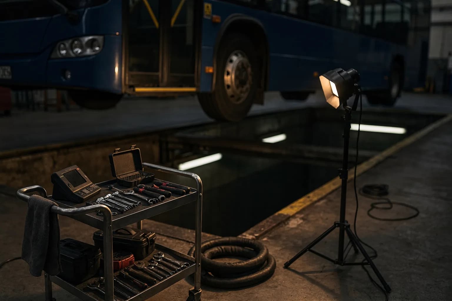 Werkstattgrube mit einem darüber angehobenen Stadtbus, Werkzeug auf einem Wagen, Arbeitslicht, keine Personen sichtbar