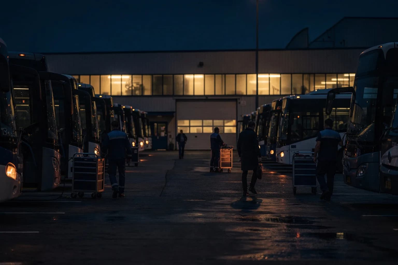 Busbetriebshof in der Dämmerung mit ausgeleuchteten Abstellreihen und einer beleuchteten Werkstatthalle dahinter