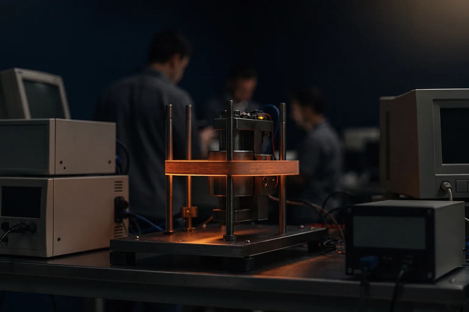 Prüfstand mit einem in einer Aufnahme eingespannten Heizband, das schwach orange glüht, dunkle Umgebung, keine lesbaren Instrumente