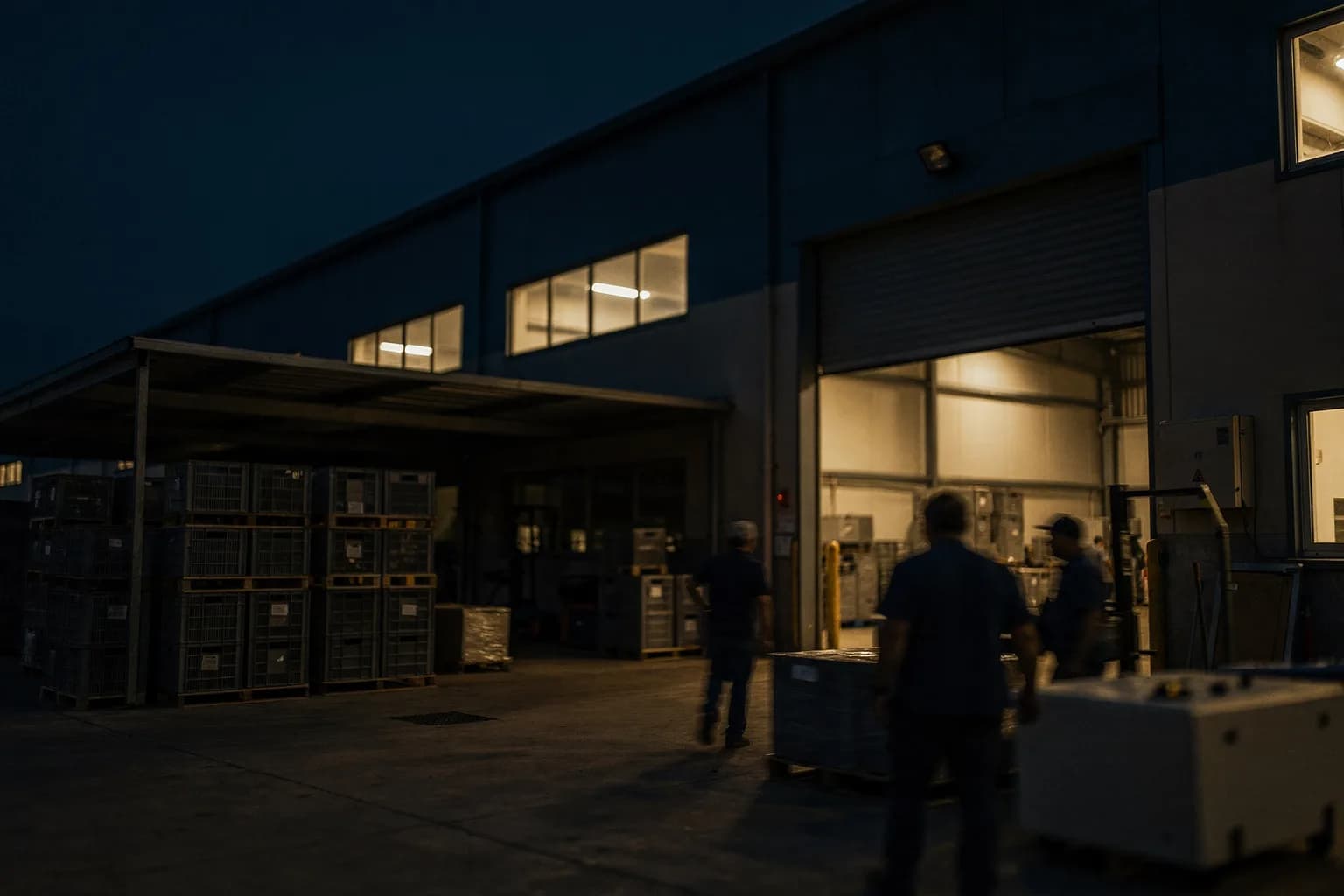 Industriegebäude in der Dämmerung mit Rolltor, gestapelten Kisten unter einem Vordach und beleuchteten Fenstern