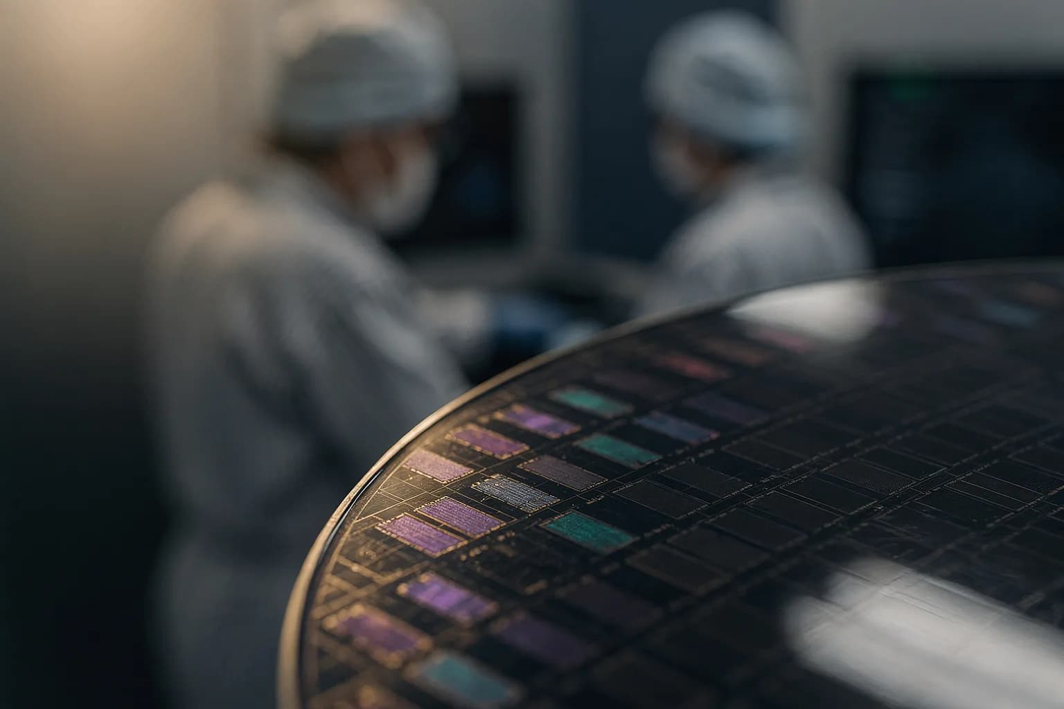 Extreme Nahaufnahme des Randes eines Siliziumwafers mit Reihen von Chips, schillernde Oberfläche, sehr geringe Schärfentiefe, ohne Beschriftung