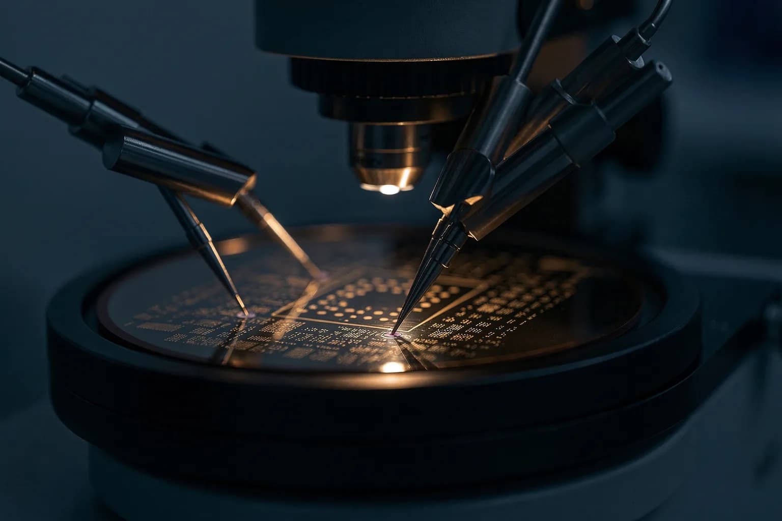 Wafer-Prüfplatz mit feinen Messnadeln, die unter einem Mikroskop auf einen Wafer aufgesetzt sind, kühles gleichmäßiges Licht, niemand anwesend