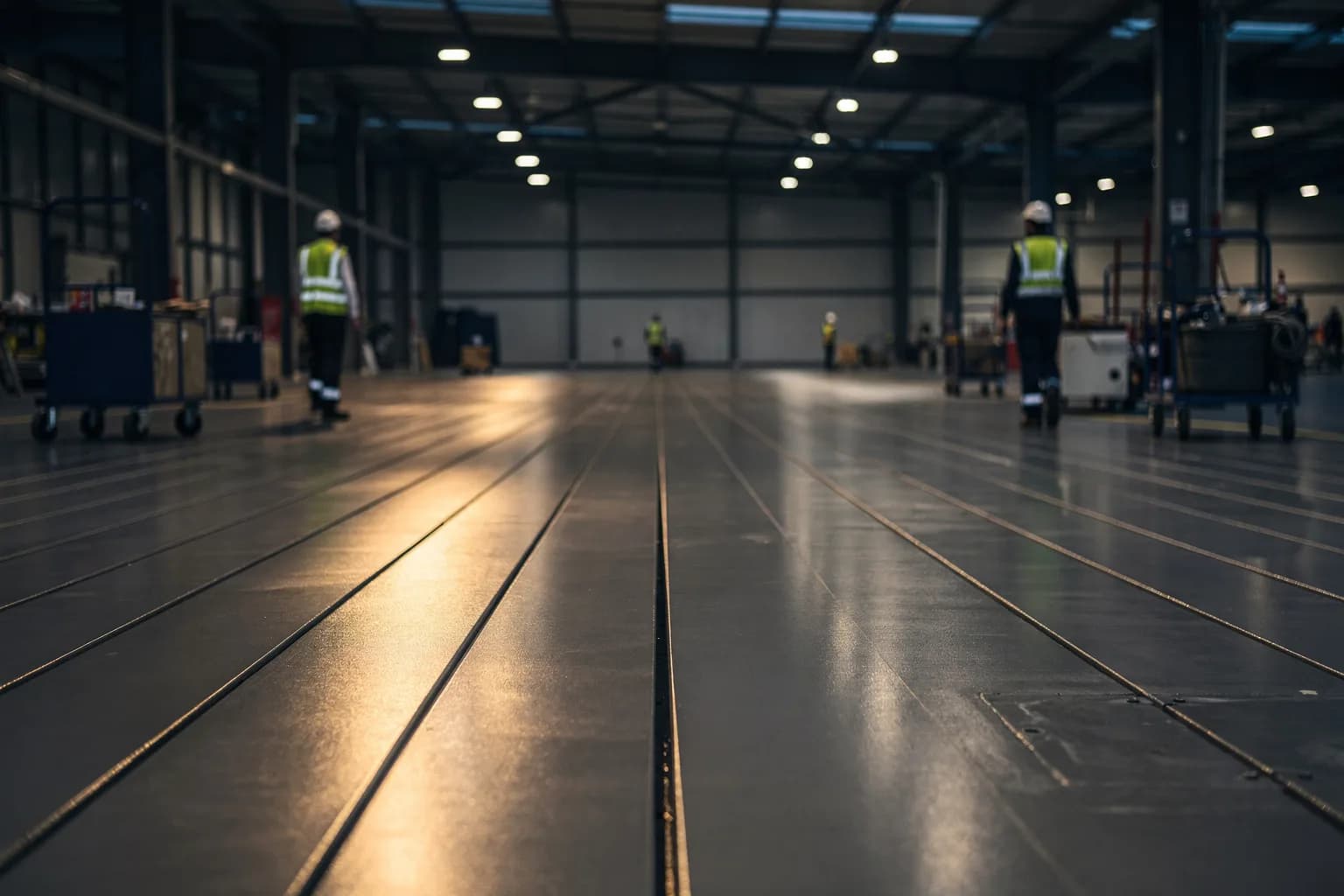 Fertiger Industrieboden in einer leeren Halle mit in die Tiefe laufenden Fugenlinien, gleichmäßiges Licht, keine Maschinen