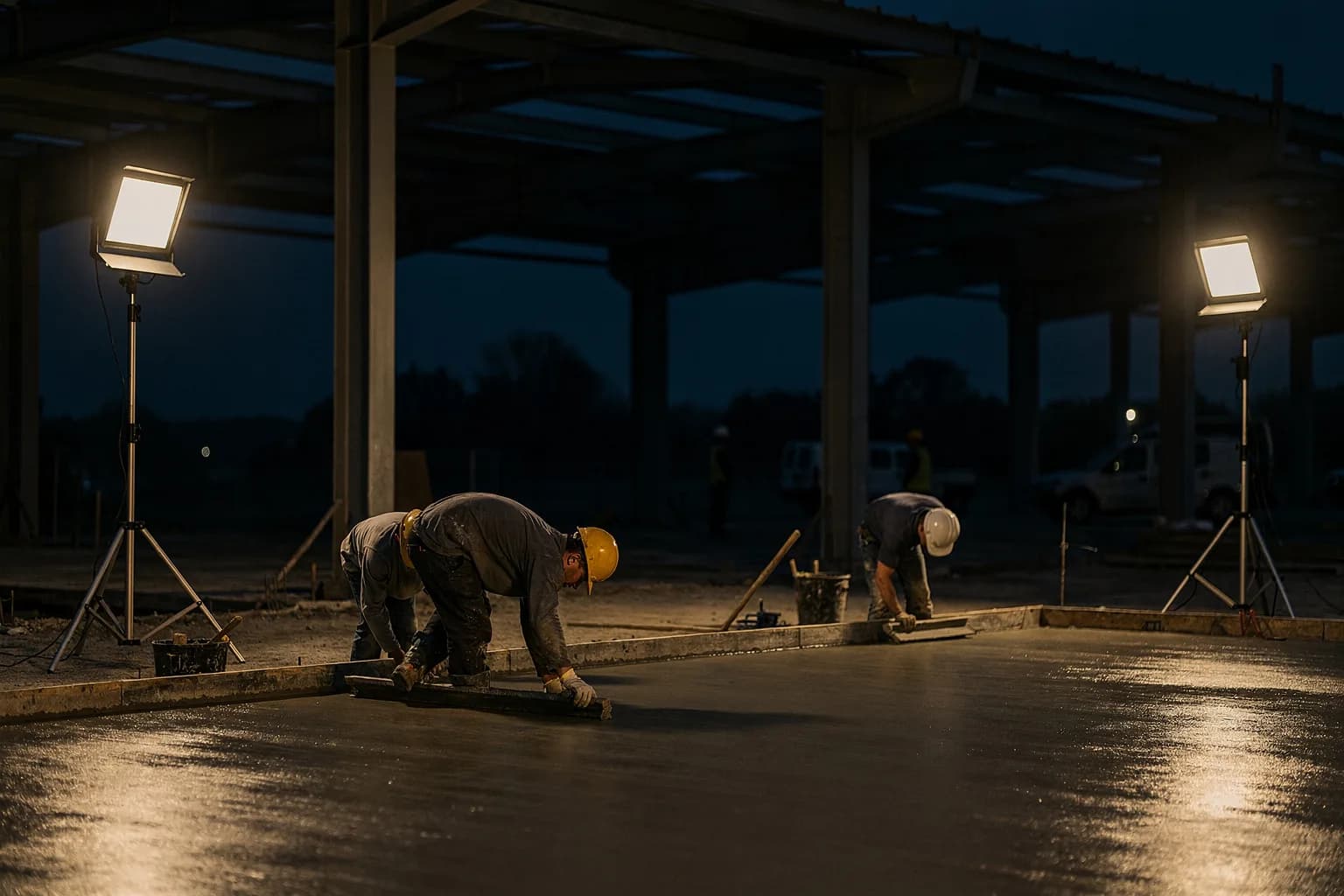 Baustelle in der Dämmerung mit frisch betonierter Bodenplatte und Flutlichtstrahlern auf Stativen, Hallenkonstruktion darüber