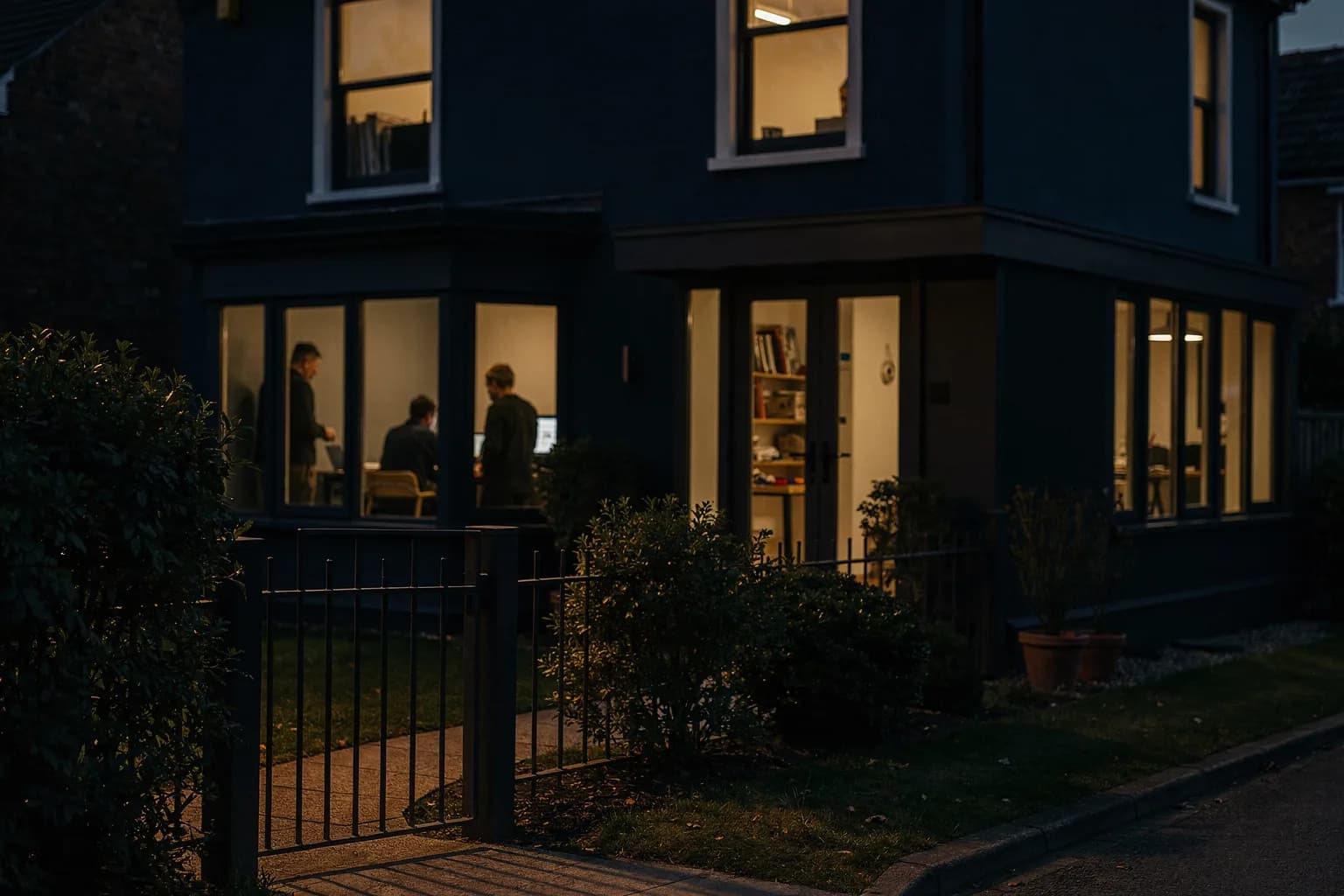 Umgebautes Wohnhaus in der Dämmerung mit warm beleuchteten Fenstern und einem Gartentor, ruhige Straße