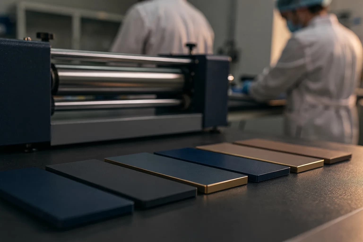 Labortisch mit flachen Kunststoff-Prüfplatten in einer Reihe zum Farbvergleich und einem kleinen Zweiwalzwerk dahinter, gleichmäßiges Licht