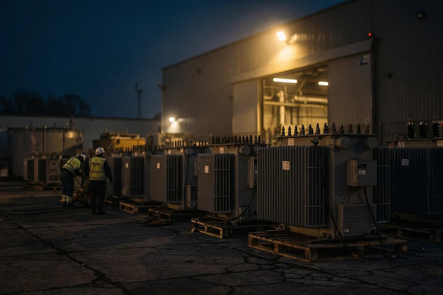 Betriebshof in der Dämmerung mit alten Transformatoren aufgereiht auf Paletten und einem ausgeleuchteten Halleneingang
