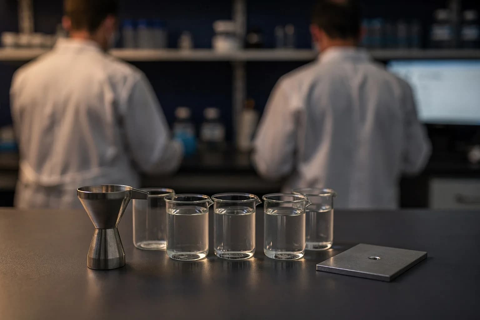 Laborplatz mit Bechergläsern und einer beschichteten Metallplatte, Pipette in der Hand, keine lesbaren Etiketten