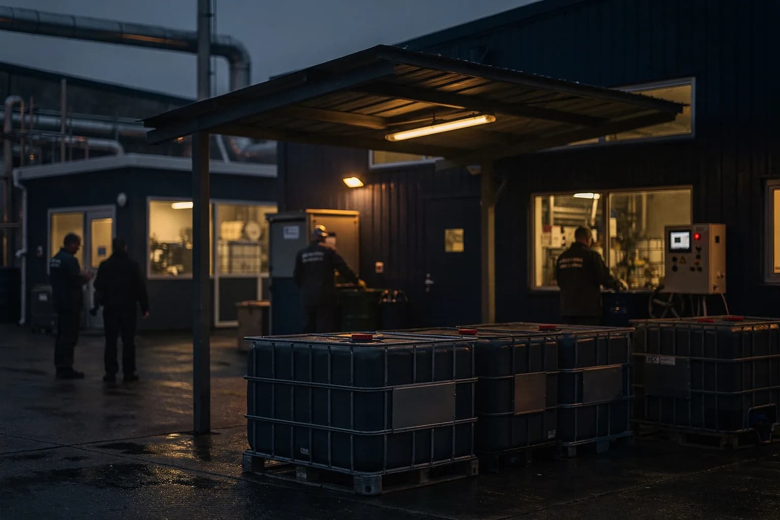 Gefahrstofflager mit Regalen voller Kanister in Auffangwannen, Gitterrost und Bodenmarkierung, nüchternes Licht