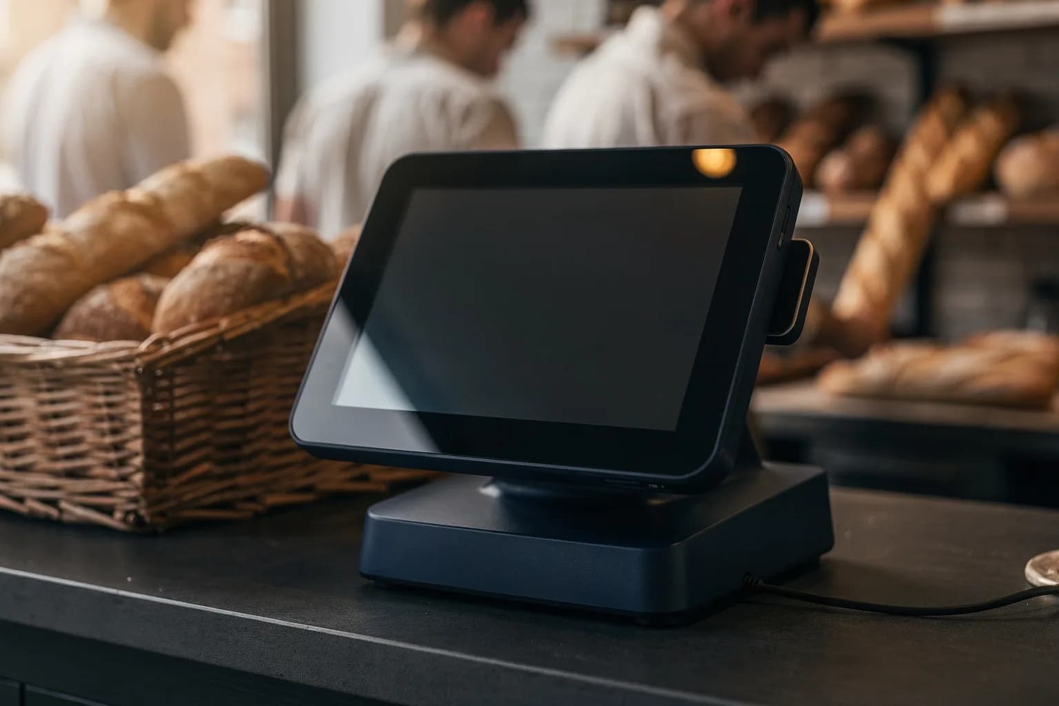 Kassenterminal auf einem Bäckereitresen mit leerem Bildschirm, dahinter Brotkörbe, warmes Morgenlicht