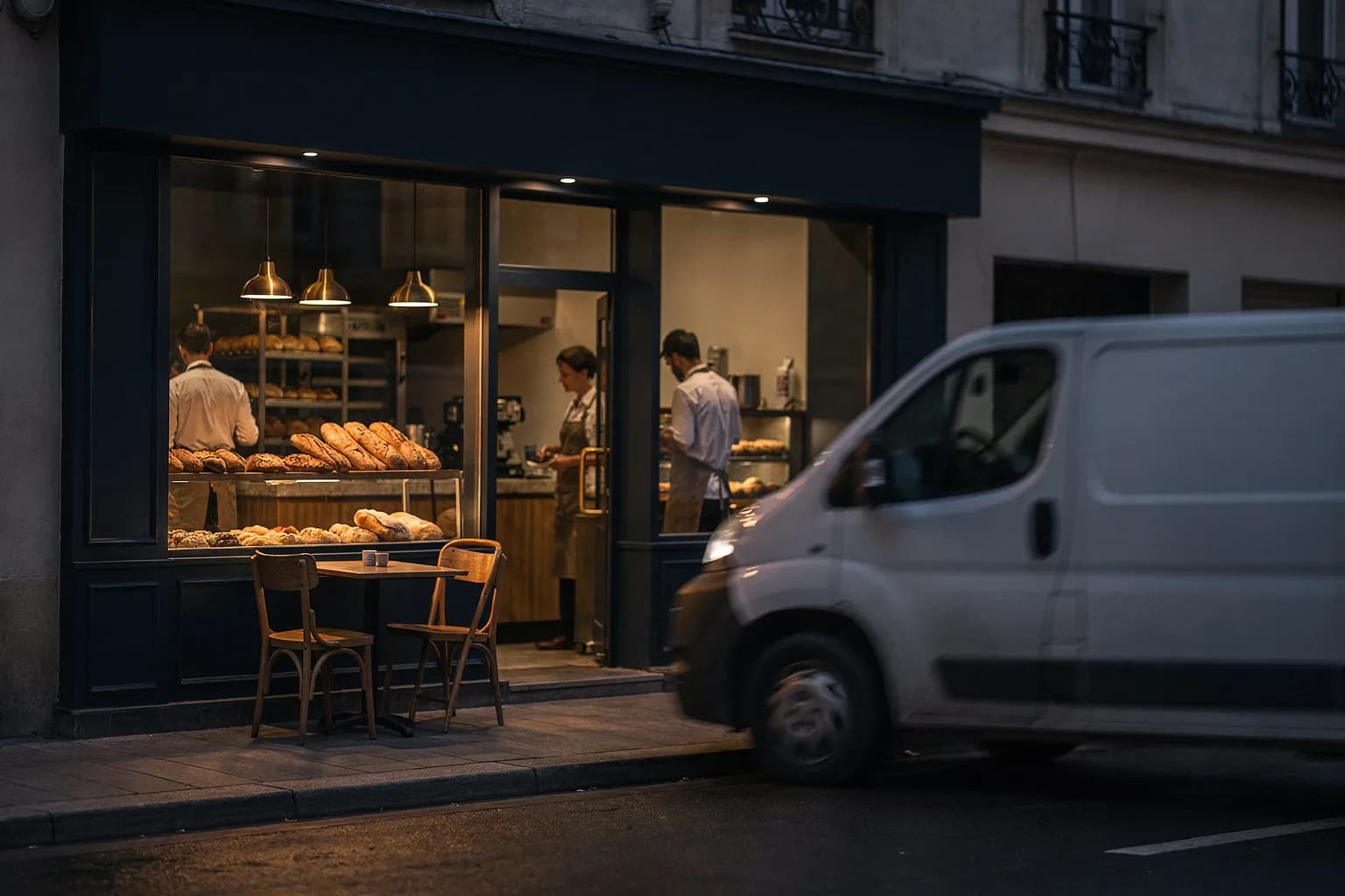 Bäckereifiliale mit kleinem Sitzbereich im ersten Morgenlicht, warmes Licht im Inneren, ein Lieferfahrzeug davor, ruhige Fußgängerstraße