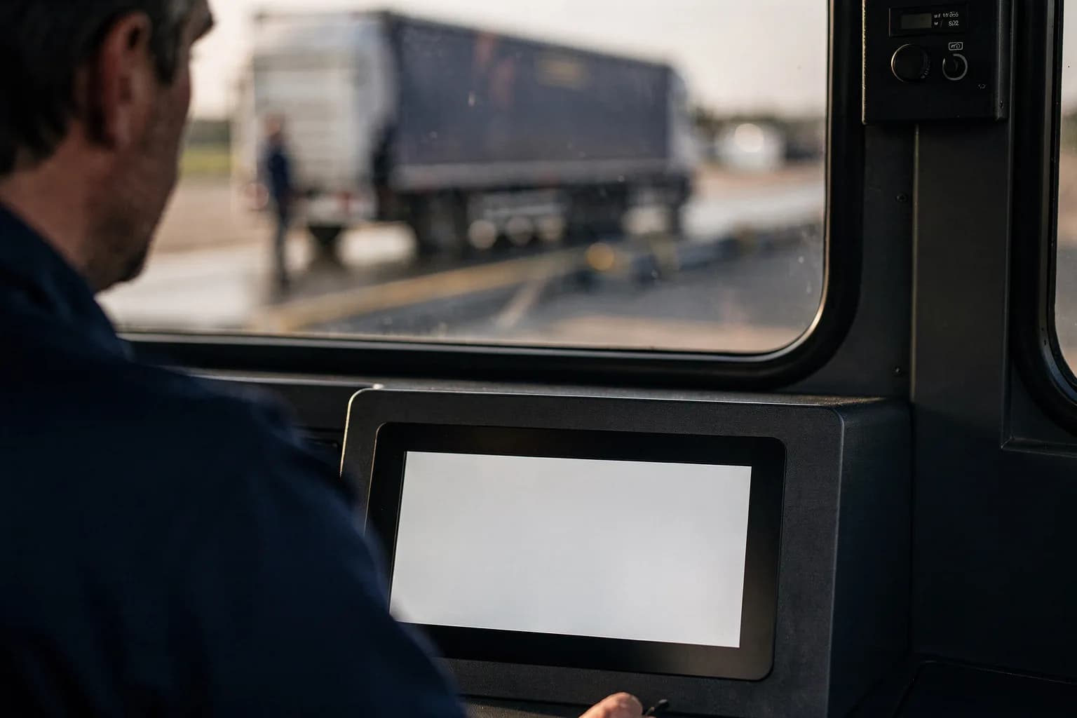 Fenster einer Waagenkabine mit leerem Anzeigegerät im Inneren, dahinter ein Lastwagen auf der Brückenwaage, kühles Morgenlicht