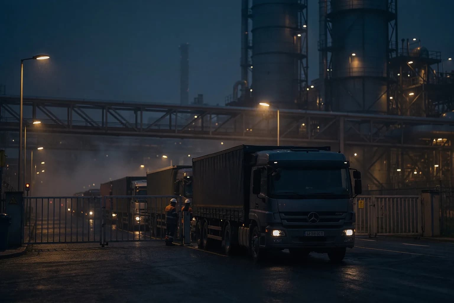 Werkstor einer großen Chemieanlage im Morgengrauen, Lastwagen in einer Schlange an der Schranke, dahinter Rohrbrücken und Kolonnen