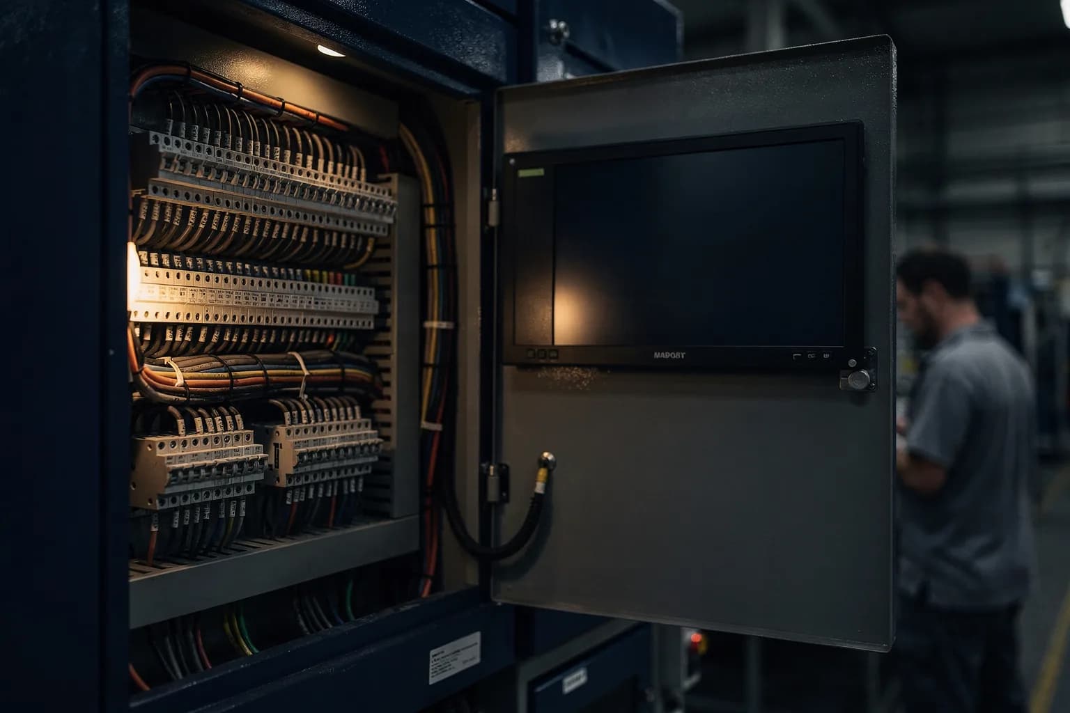 Gebäudeleittechnik-Schaltschrank mit Reihen unbeschrifteter Klemmen und leerem Display, ordentliche Verdrahtung, kühles Licht