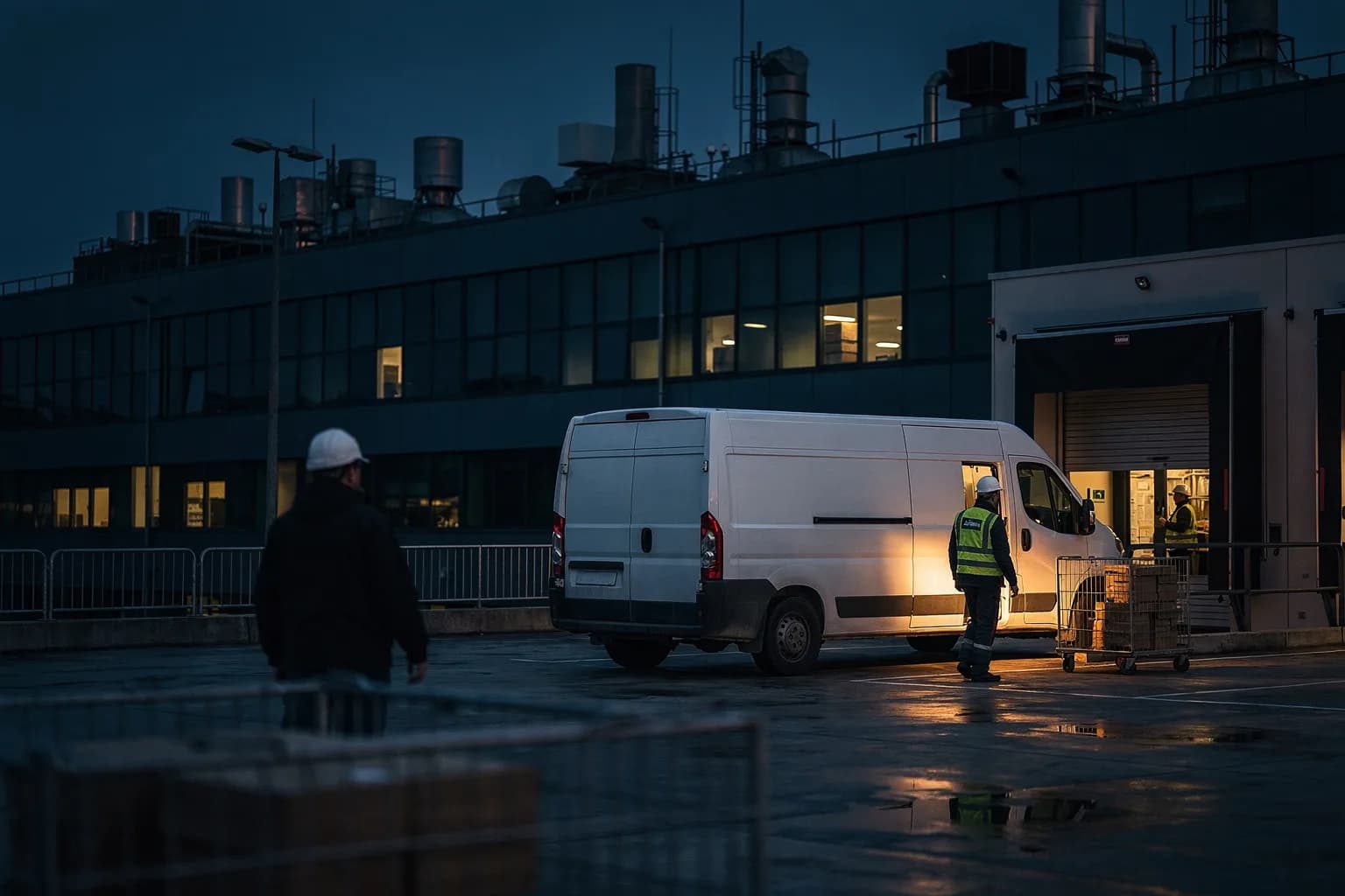 Großer Büro- und Werkskomplex in der Dämmerung vom Servicehof aus, Technik auf dem Dach, ein Servicefahrzeug am Wareneingang