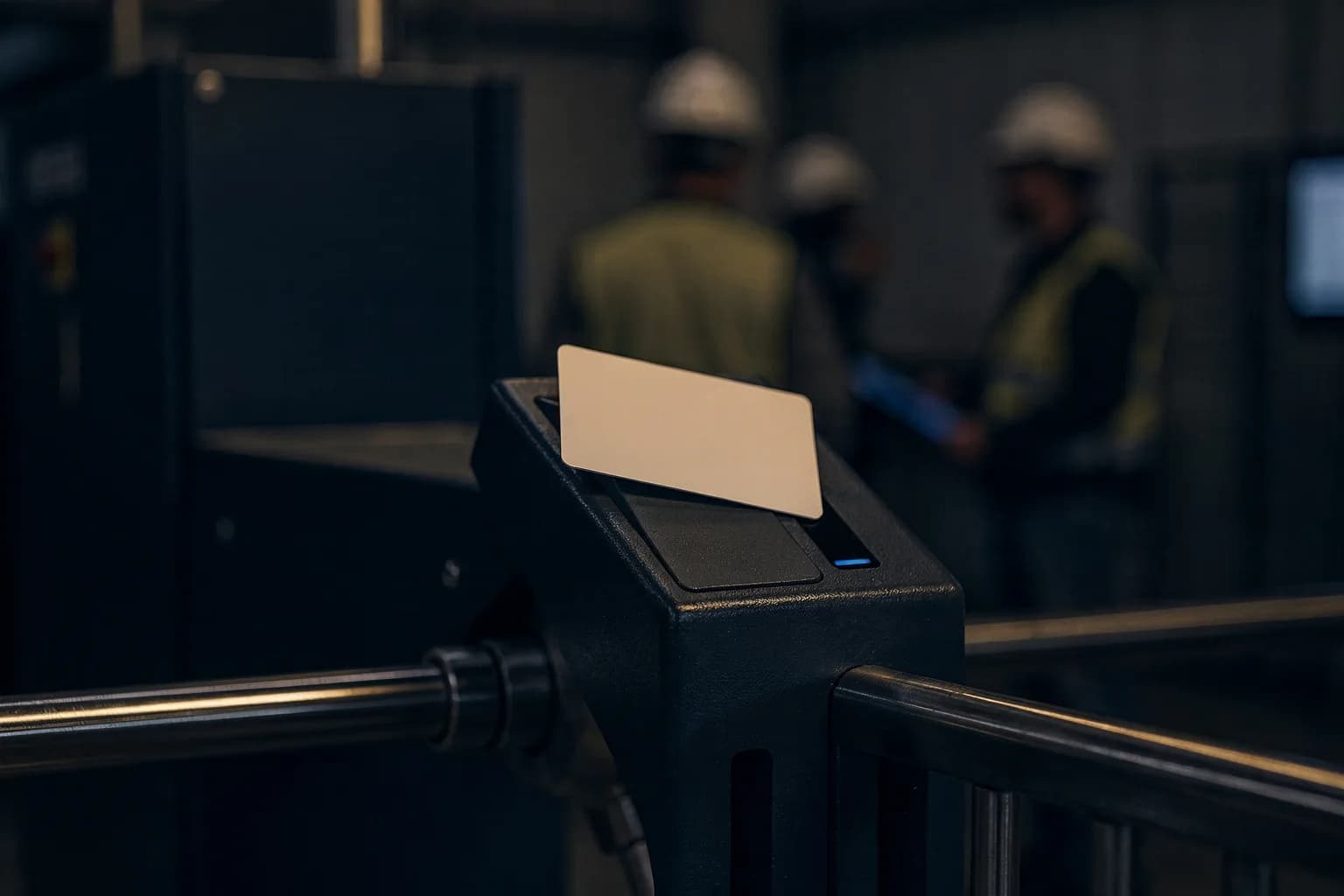 Ausweisleser an einem Drehkreuz am Werkstor, eine unbeschriftete Karte wird davorgehalten, lackierter Stahl, kühles Licht