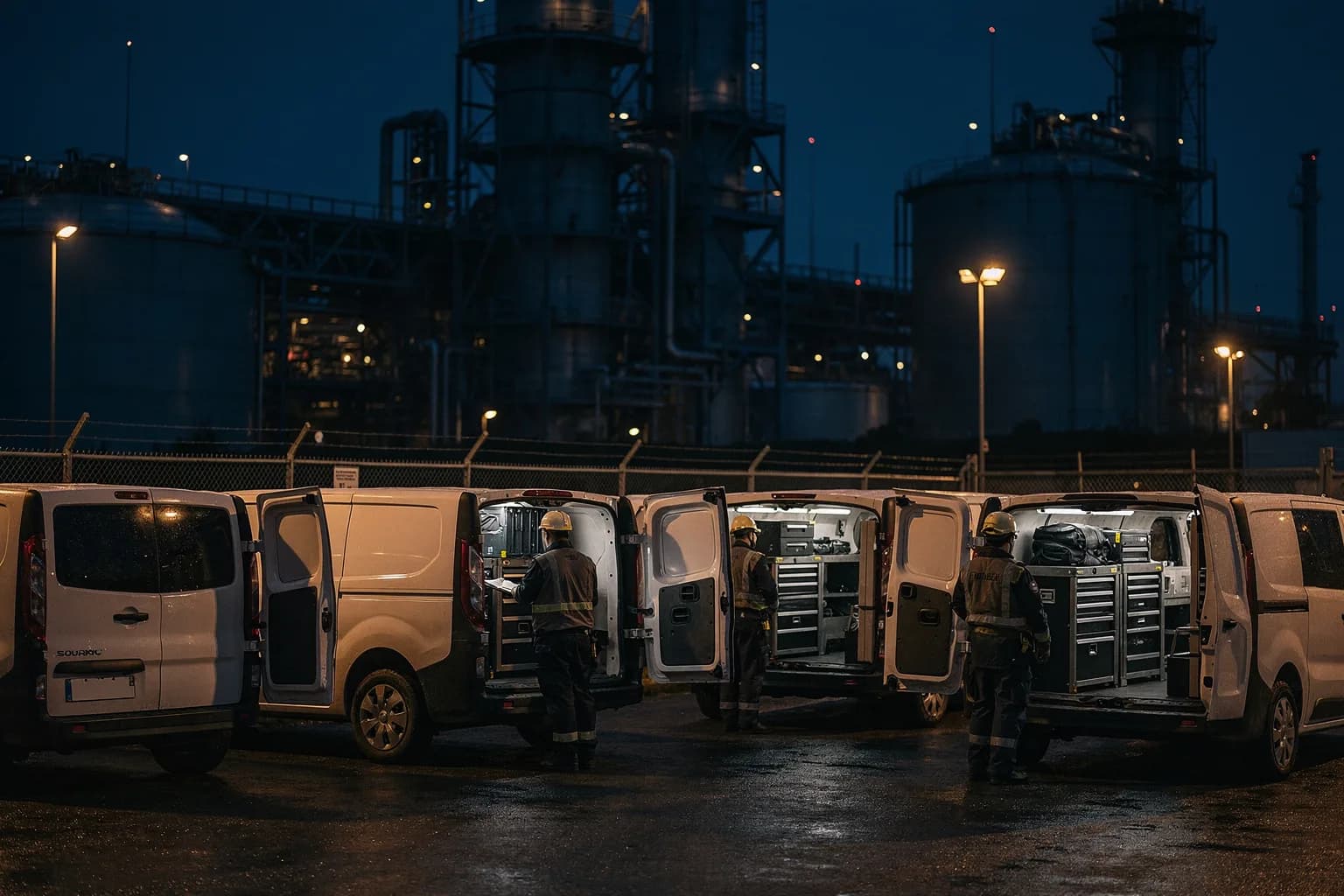 Hof eines Industriedienstleisters neben einer Chemieanlage zur blauen Stunde, Kolonnenfahrzeuge mit offenen Hecktüren, Werkzeugcontainer, Flutlicht am Zaun