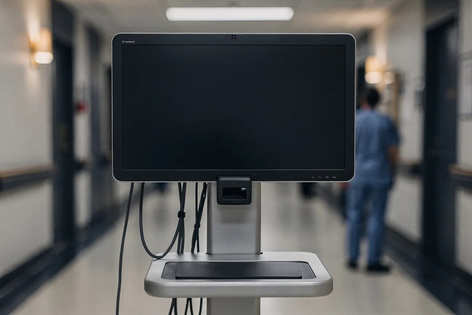 Fahrbarer Arbeitsplatz im Krankenhausflur mit leerem Bildschirm und Kartenleser, Kabel ordentlich geführt, kühles Licht
