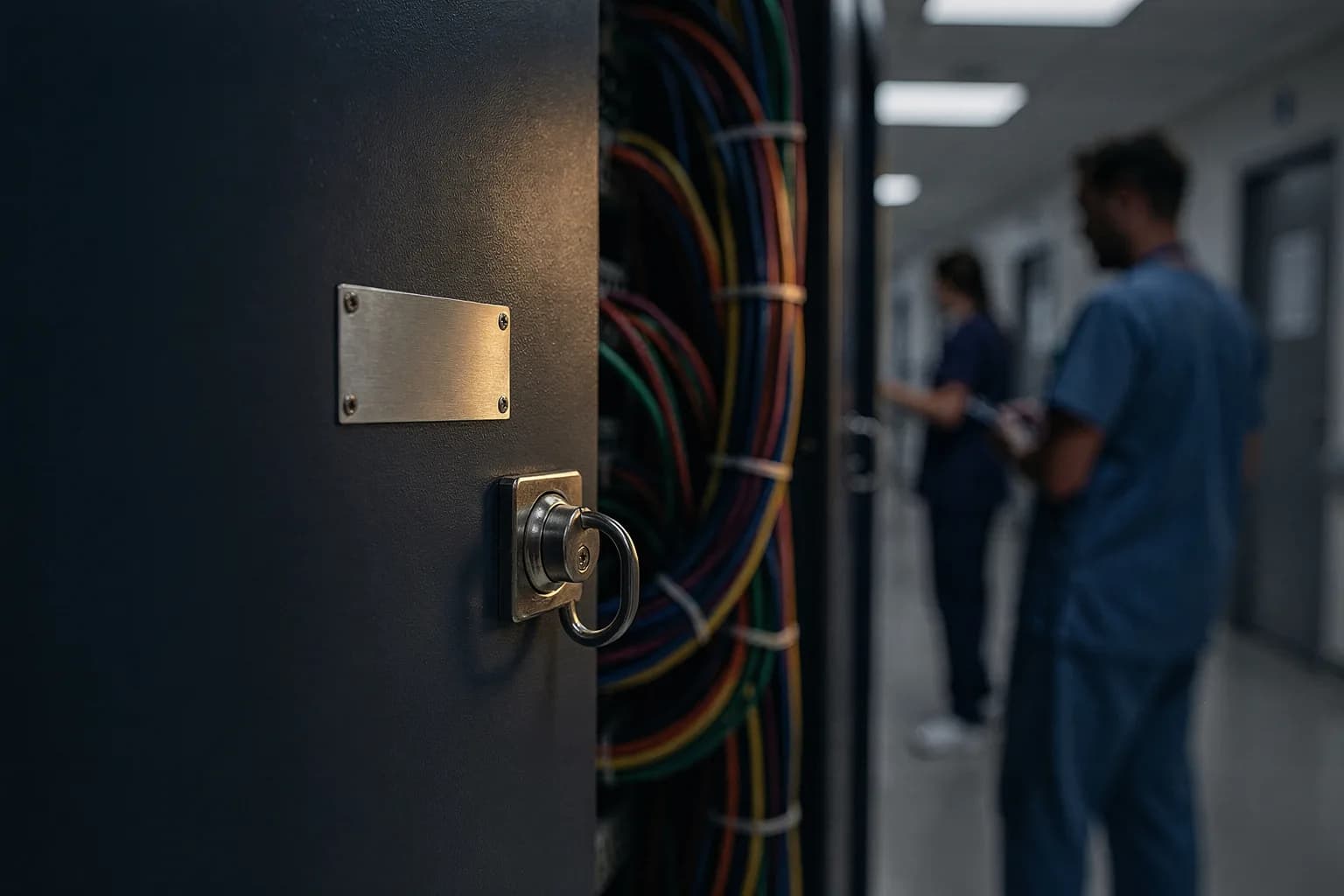 Verschlossener Technikschrank im Versorgungsflur eines Krankenhauses mit ordentlicher Rangierung, unbeschriftetes Schild, kühles Licht