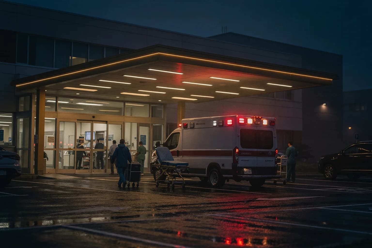 Großes Krankenhausgebäude in der Dämmerung vom Parkplatz aus, beleuchtetes Vordach der Notaufnahme, ein Rettungswagen an der Einfahrt