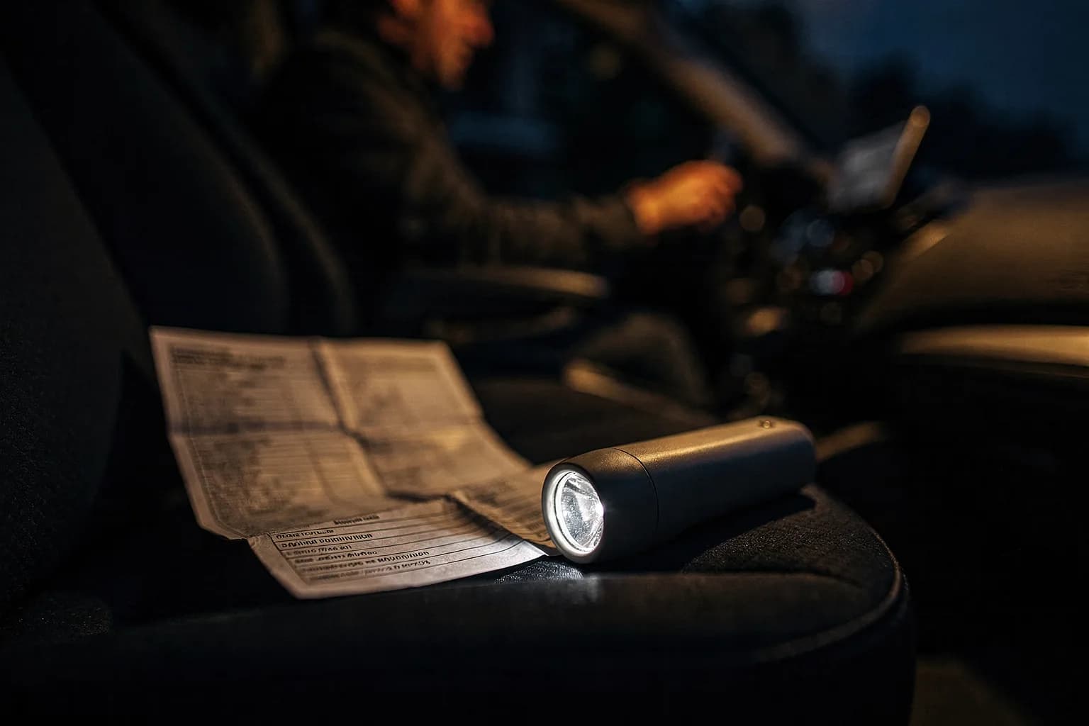 Tourenliste und eine kleine Taschenlampe auf dem Beifahrersitz eines Fahrzeugs bei Nacht, Schrift nicht lesbar, warmes Innenlicht