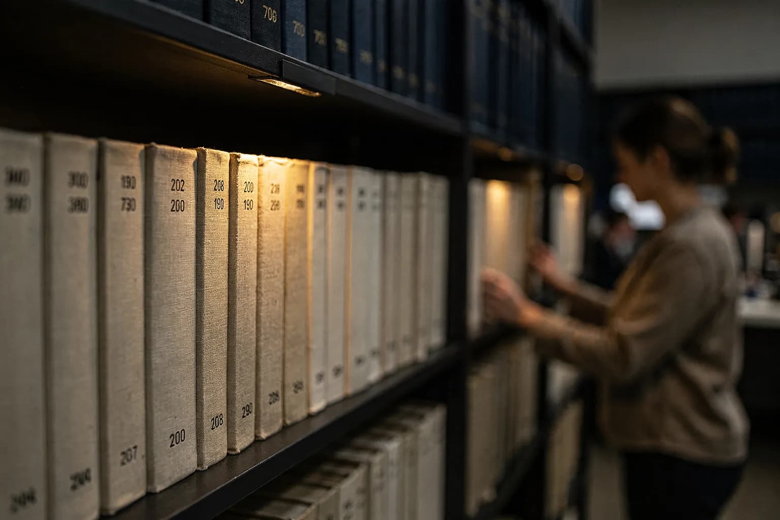 Archivregal mit gebundenen Zeitungsjahrgängen, unbeschriftete Rücken, weiches warmes Leselicht