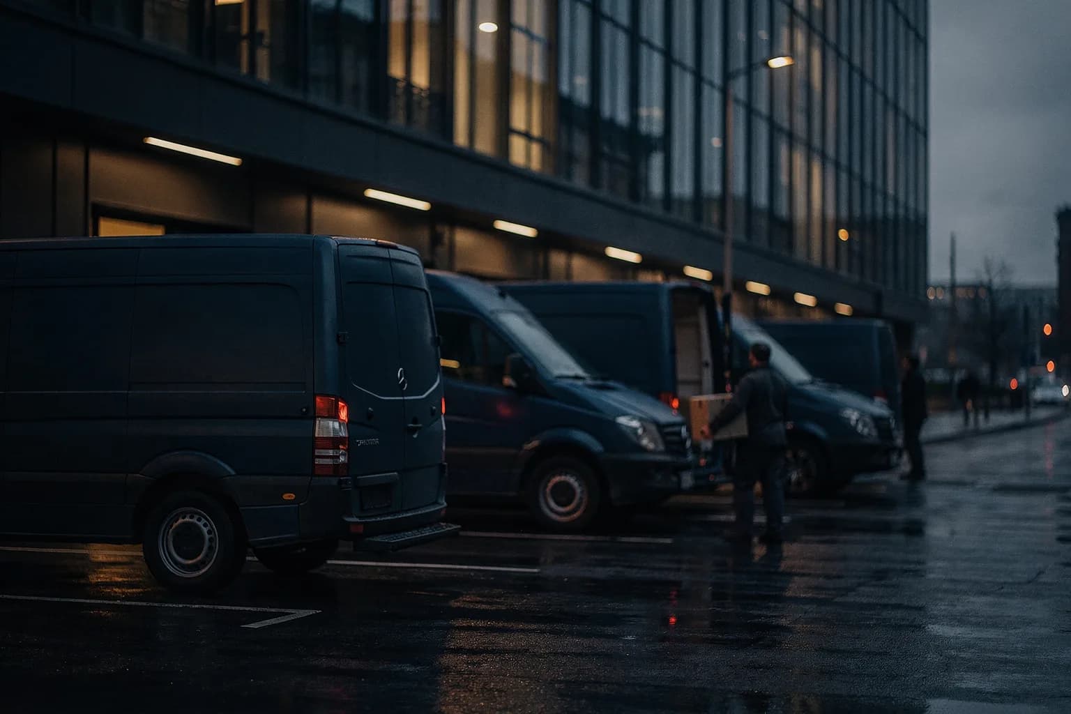 Zustellfahrzeuge vor dem Gebäude eines Medienhauses vor Tagesanbruch, nasser Asphalt, warmes Licht aus den Ladetoren, leere Straße