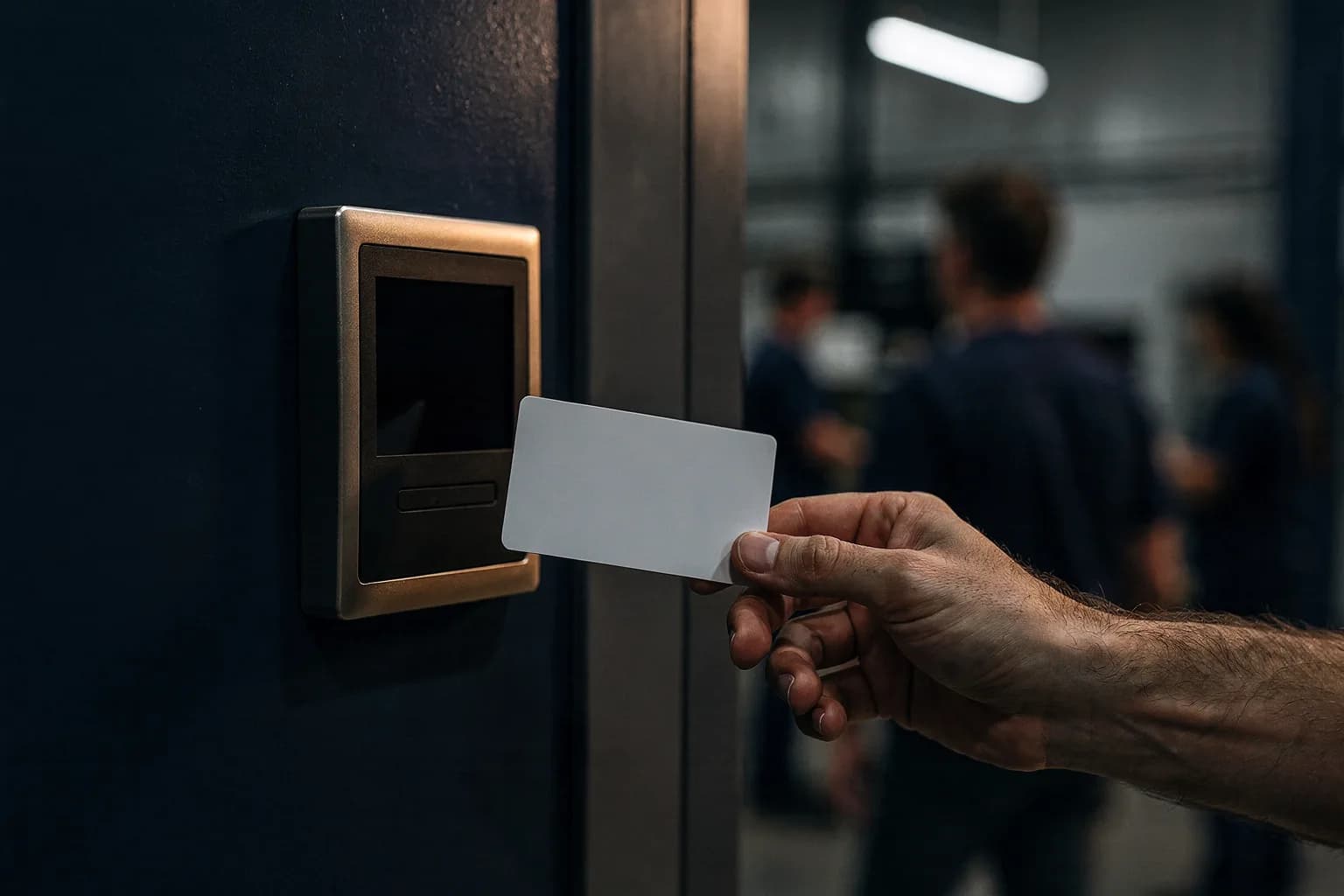 Zeiterfassungsterminal neben einer Werkseingangstür, eine unbeschriftete Karte wird davorgehalten, gestrichene Wand, kühles Licht