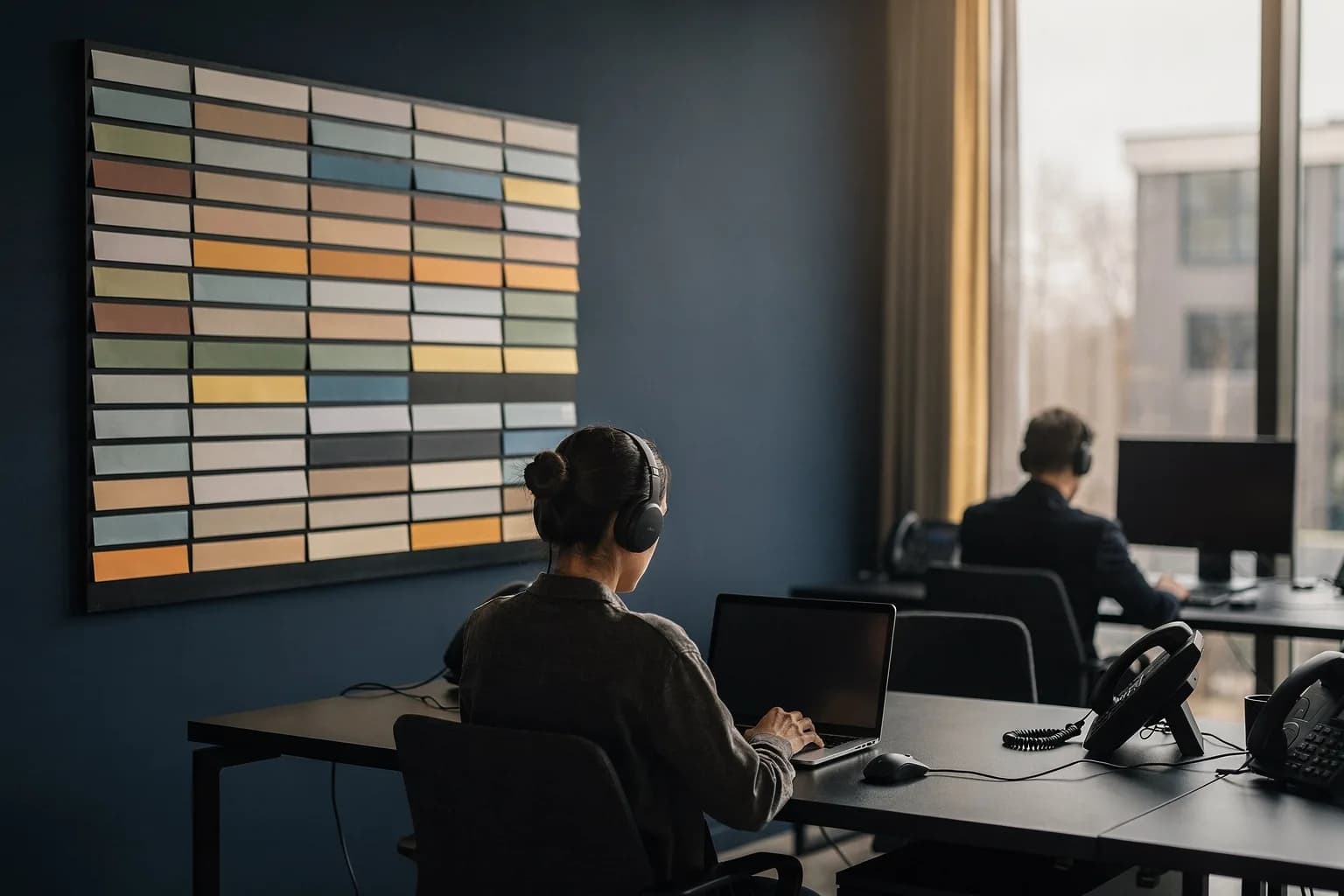 Helles Disponentenbüro mit großer Planungstafel aus farbigen Karten, zwei Personen an Schreibtischen von hinten, Tageslicht durch große Fenster