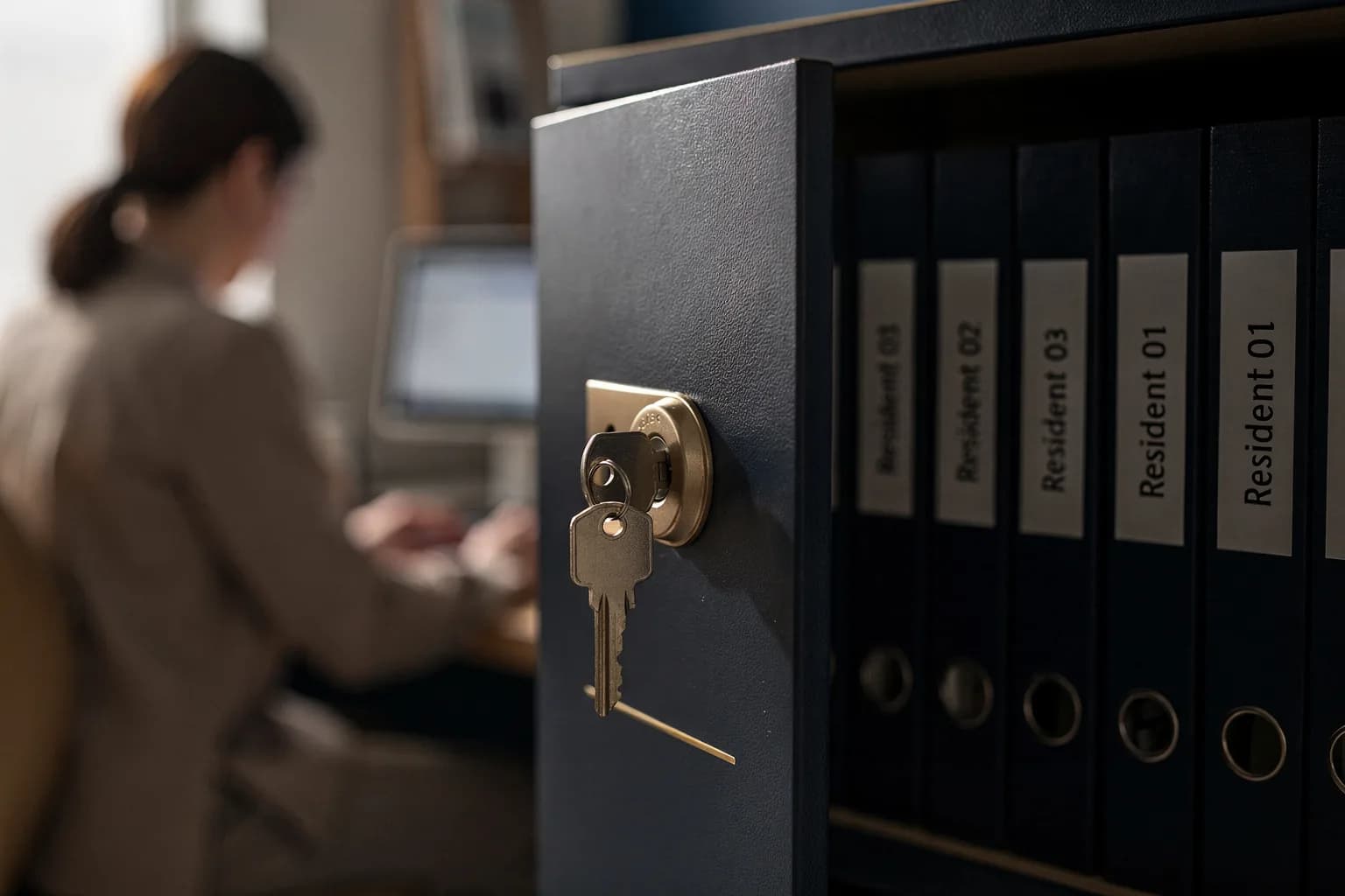 Abschließbarer Aktenschrank mit beschrifteten Bewohnerakten im Pflegestützpunkt, Schlüssel im Schloss, weiches Tageslicht