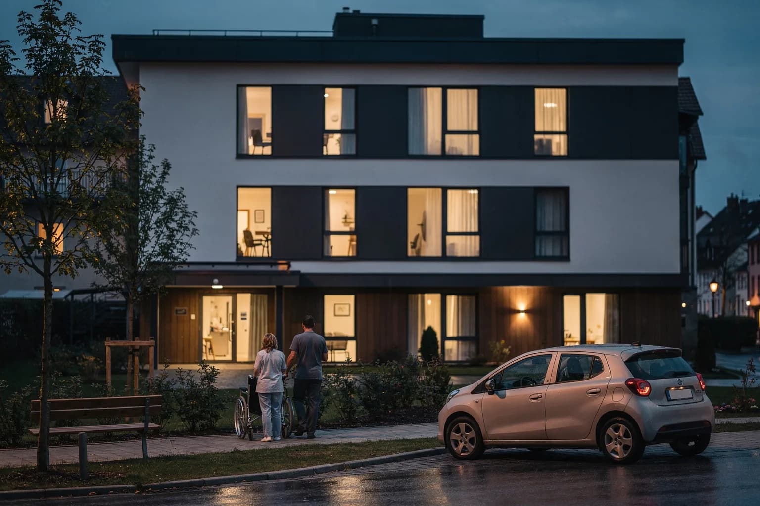Modernes Pflegeheim in der Dämmerung, beleuchtete Fenster über drei Geschosse, ein kleiner Garten mit Bänken davor