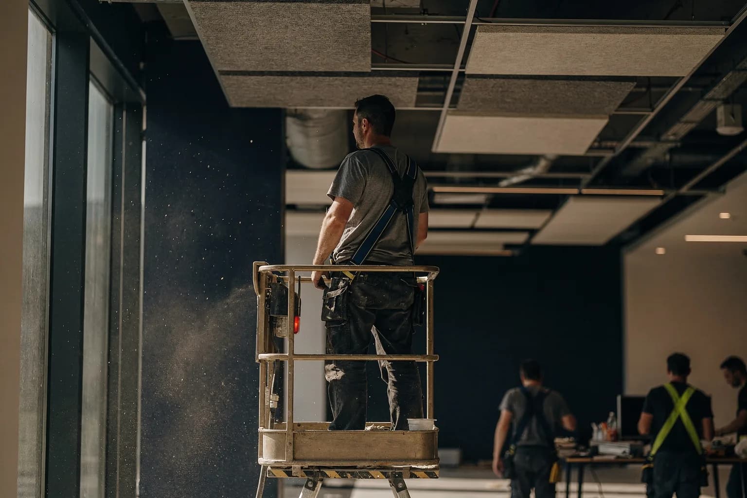 Innenausbau in einem Bürogebäude, Akustikdeckenplatten werden montiert, ein Monteur auf einer Arbeitsbühne von hinten, Staub im Lichtstrahl der hohen Fenster