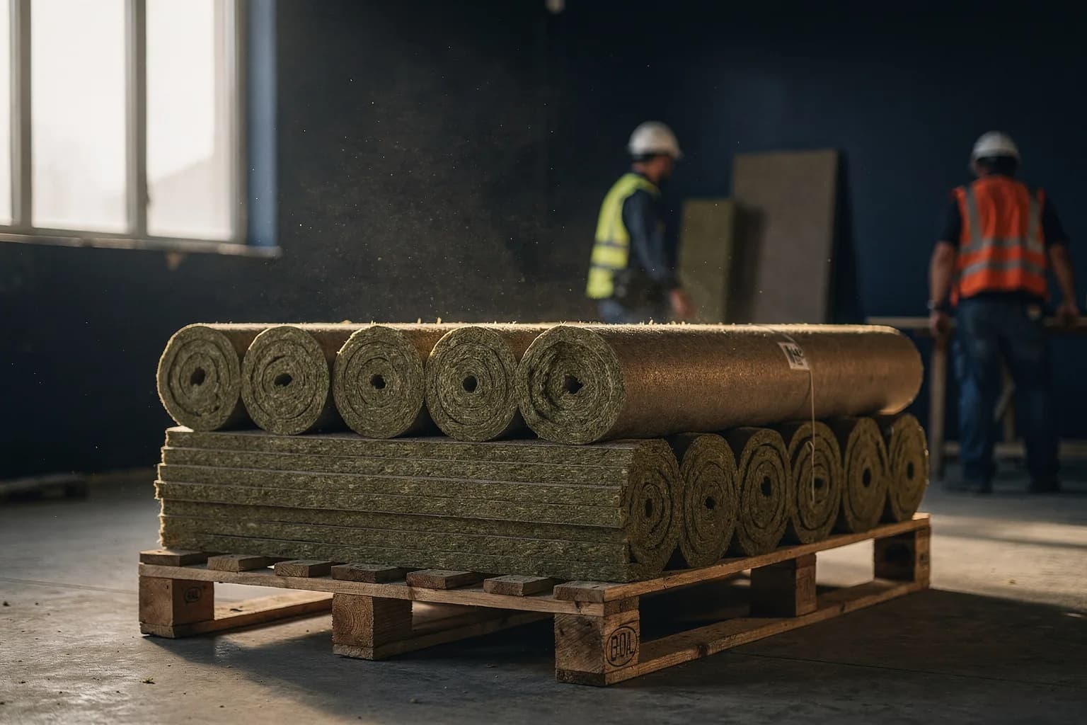 Gestapelte Akustikplatten und Mineralwollrollen auf einer Baustellenpalette, unbeschriftete Etiketten, kühles Tageslicht vom Fenster