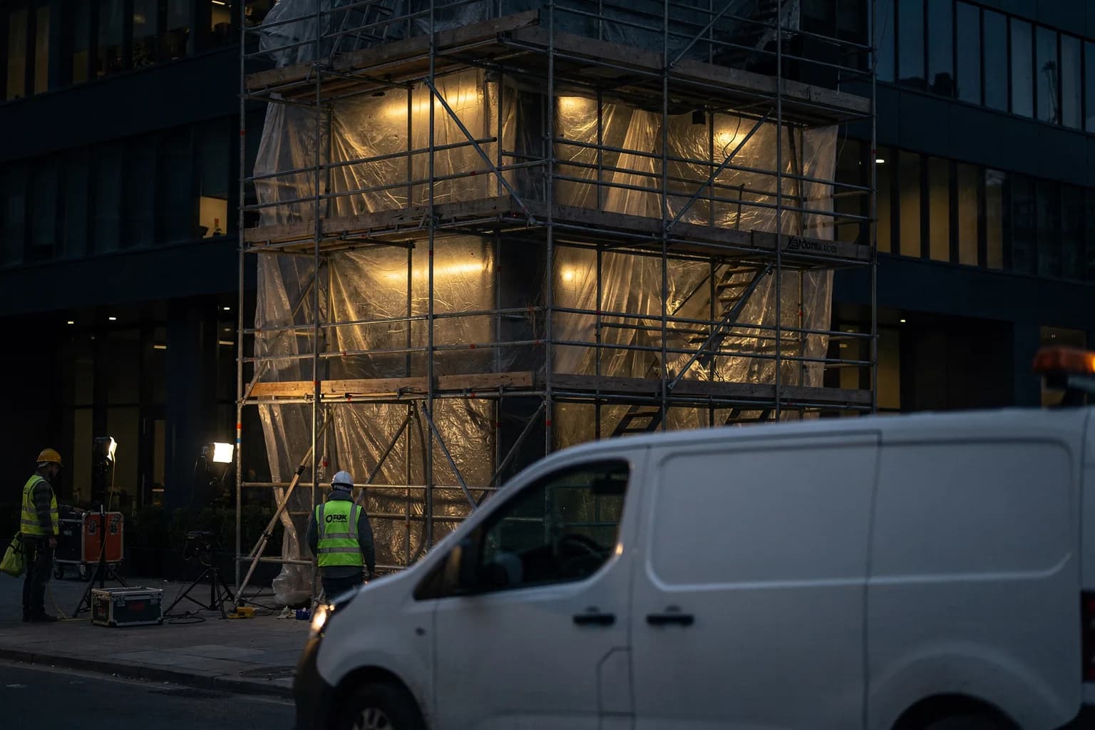 Bürogebäude in Sanierung zur Dämmerung, Gerüst an einer Fassade, Baustellenbeleuchtung hinter Folie, ein Kolonnenfahrzeug am Bordstein