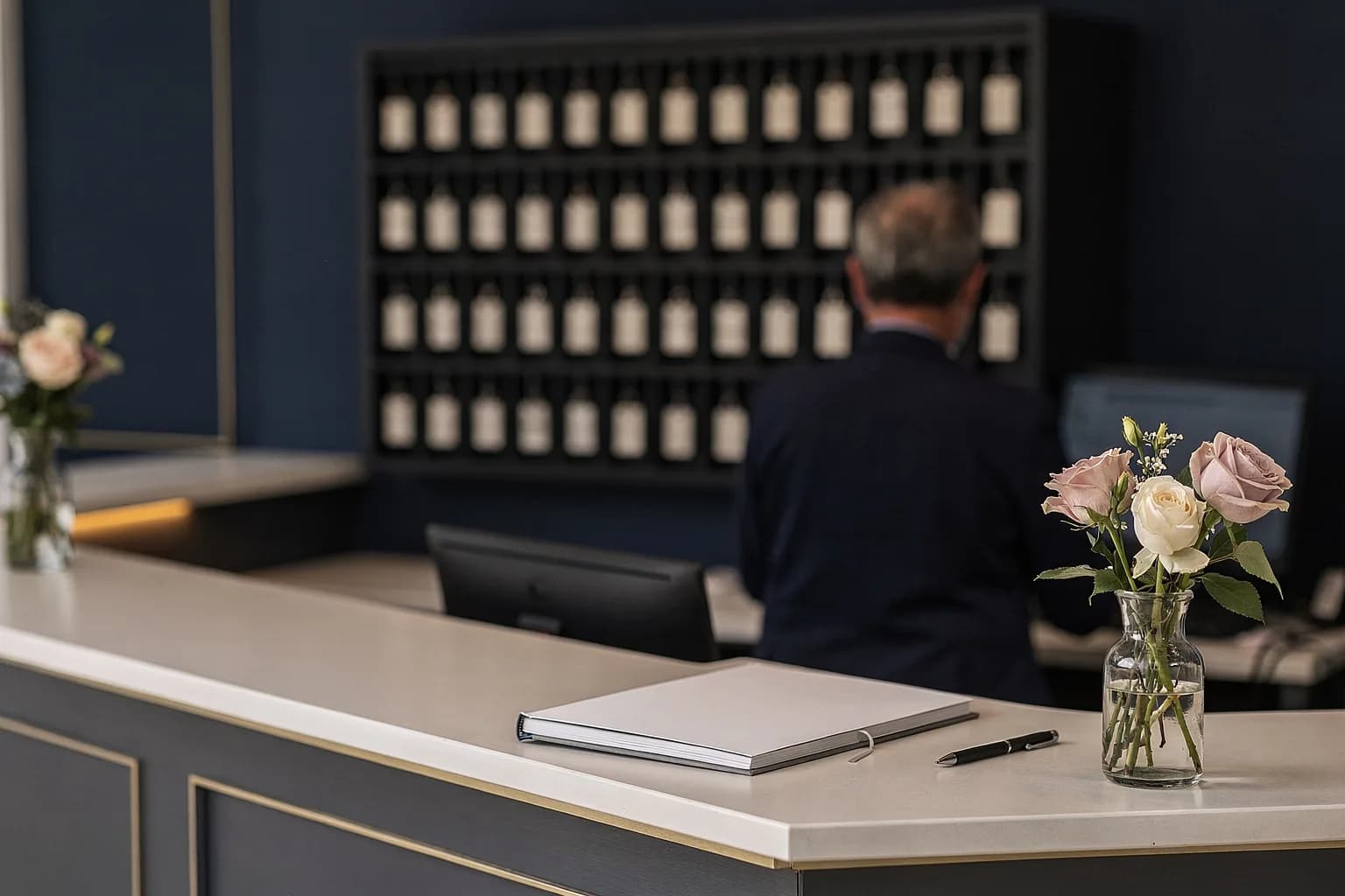 Empfangstresen einer Seniorenresidenz mit Besucherbuch, dahinter ein Schlüsselschrank, Blumen, weiches Tageslicht