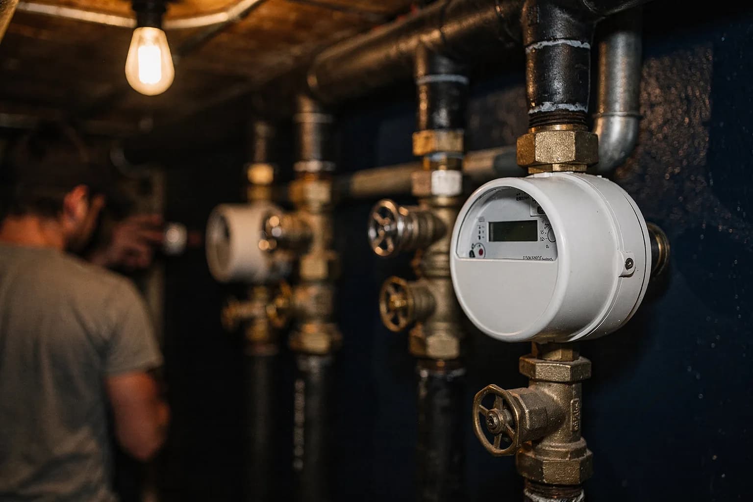 Heizungszähler und Absperrventile in einem Kellerraum eines Wohnhauses, leere Ziffernblätter, einzelne Glühlampe