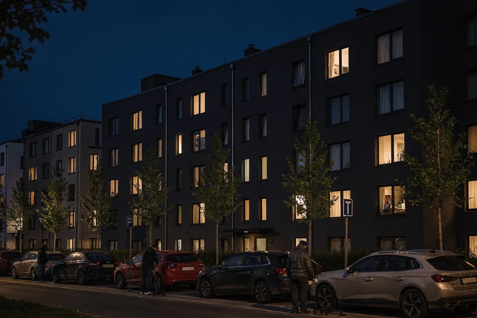 Reihe sanierter Wohnblocks zur blauen Stunde, beleuchtete Fenster, parkende Autos, junge Bäume entlang des Gehwegs