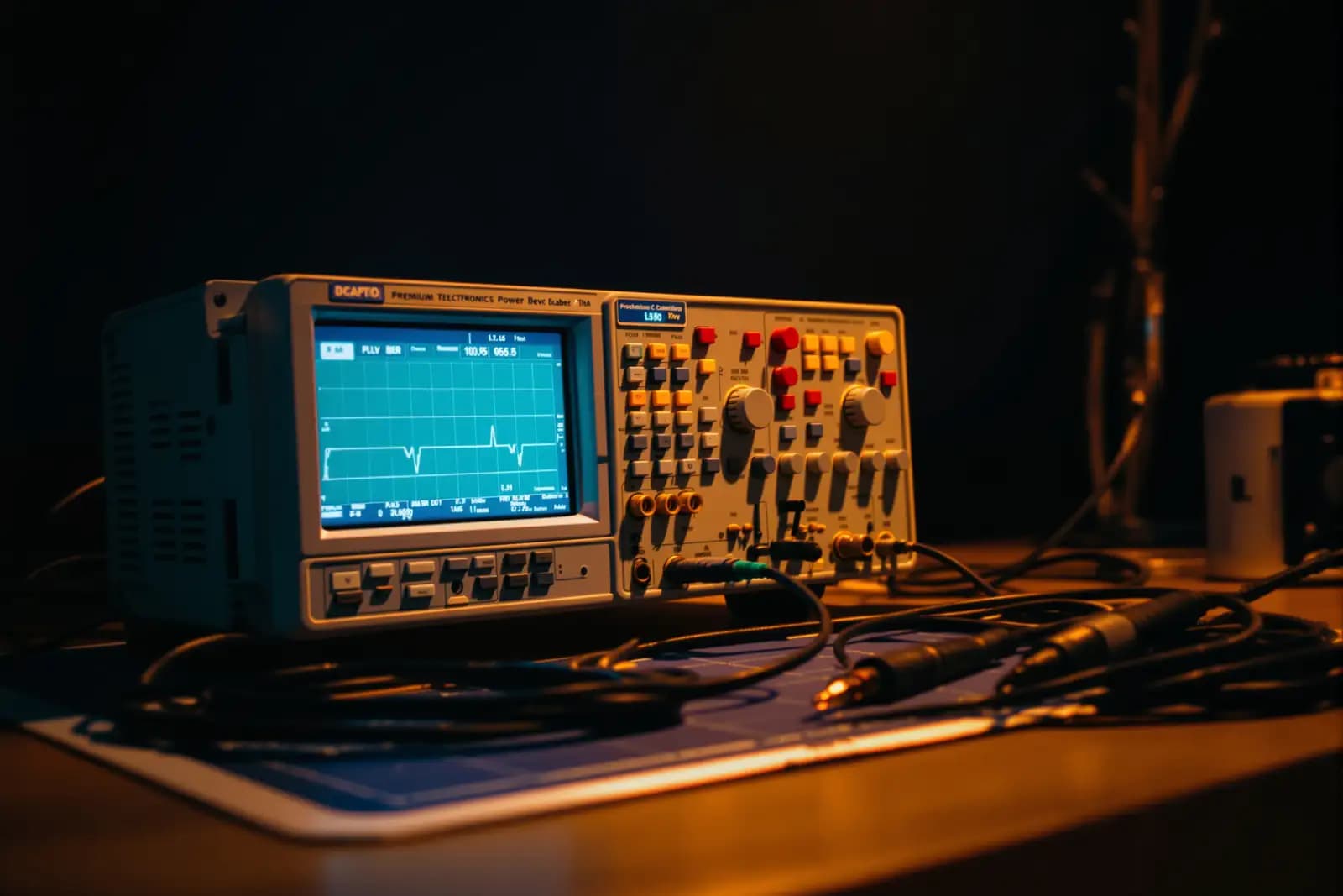 Elektronik-Prüfplatz mit Oszilloskop, Labornetzteil und Messspitzen auf einer Matte