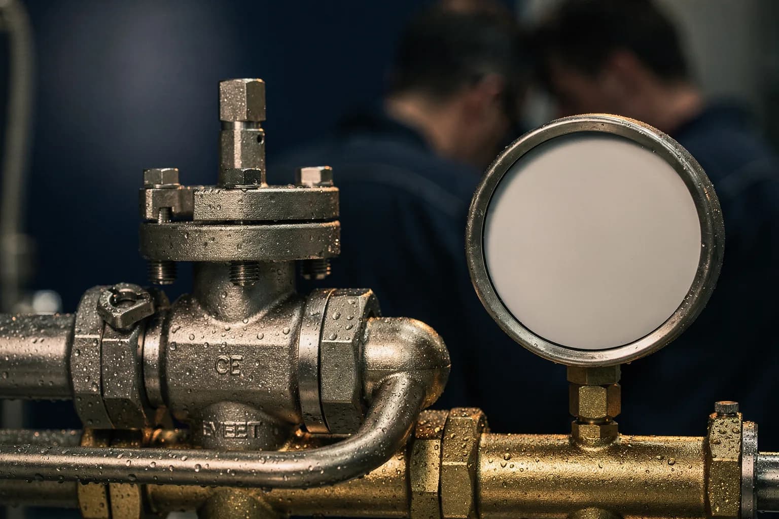 Druckprüfstand mit eingespannter Armatur und einem Manometer daneben, leeres Zifferblatt, Wassertropfen auf dem Metall