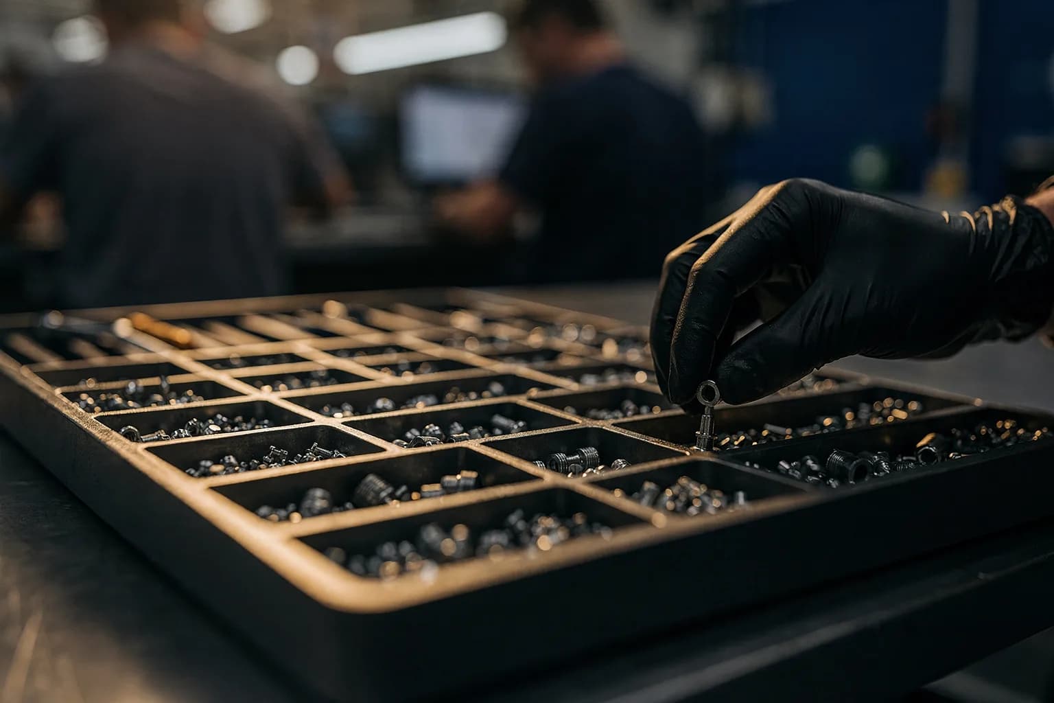 Kommissionierschale mit kleinen Bauteilen in Fächern, eine behandschuhte Hand legt eines hinein, warmes Licht
