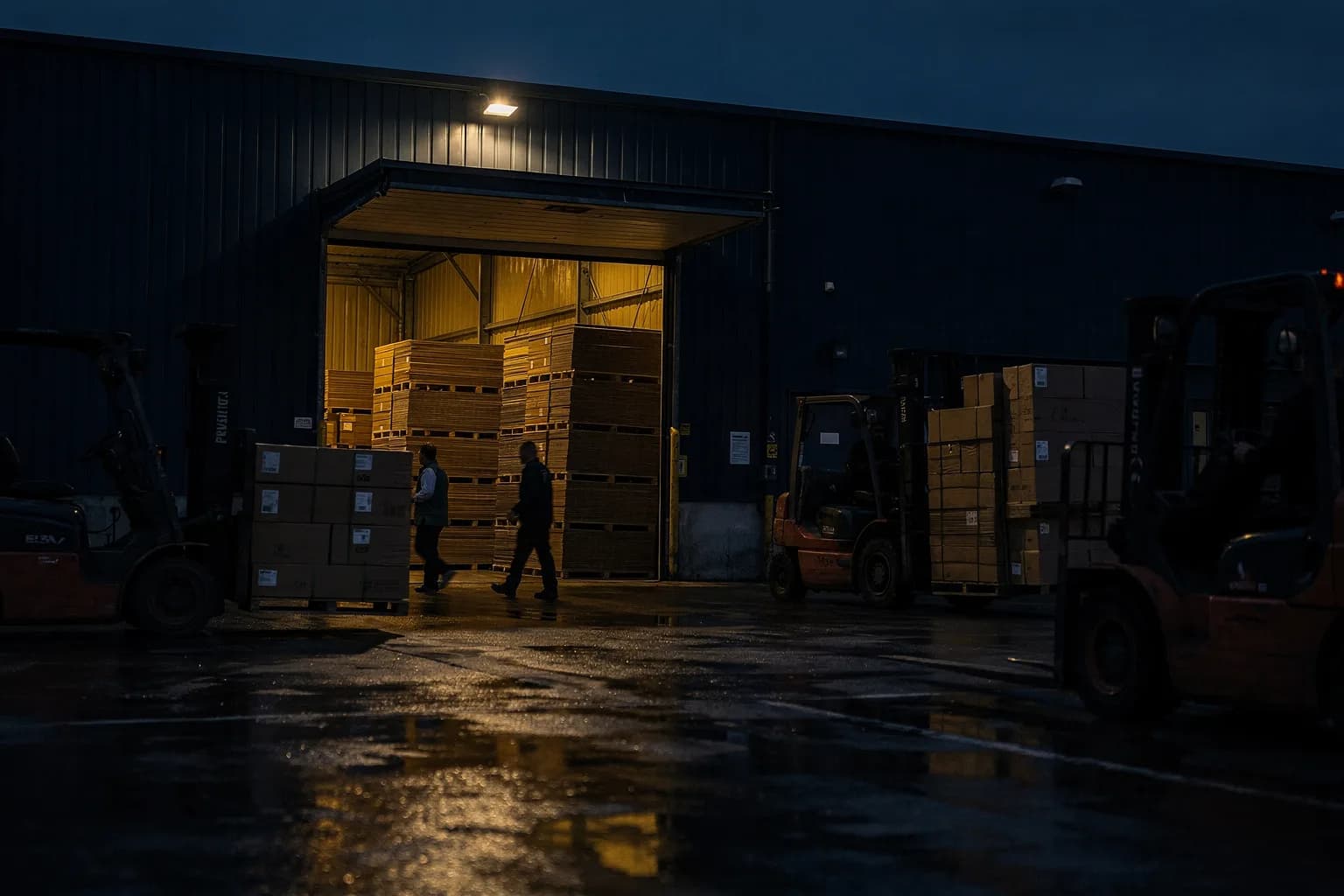 Verpackungsbetrieb in der Dämmerung mit geöffnetem Ladetor, im Inneren Paletten mit flachen Zuschnitten, warmes Licht fällt heraus