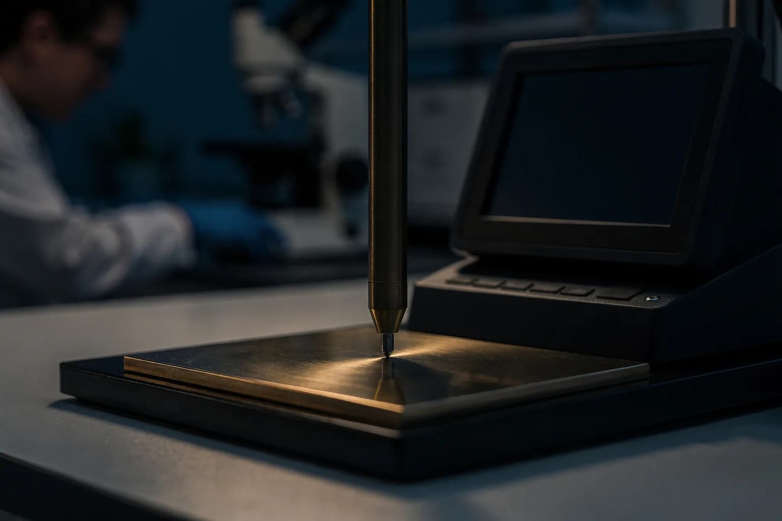 Rauheitsmessgerät mit Taster auf einer polierten Metallprobe, leeres Display, kühles Licht
