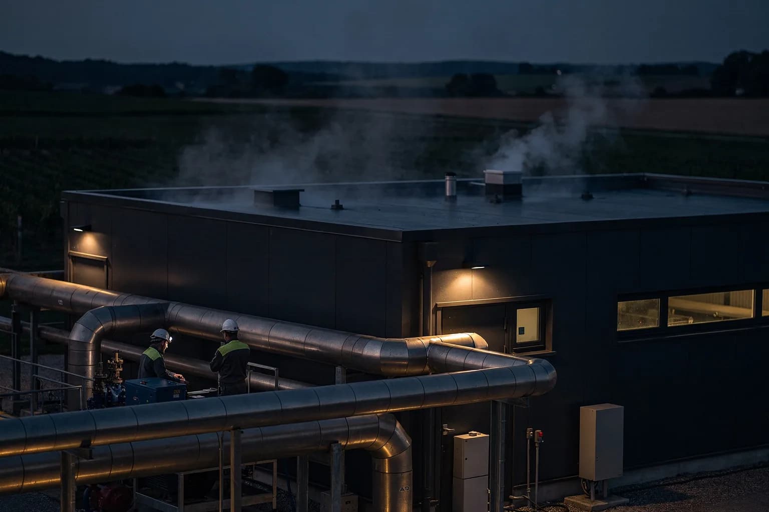 Geothermieanlage zur blauen Stunde mit gedämmten Rohrleitungen und einem niedrigen Gebäude, aufsteigender Dampf, flache Felder dahinter