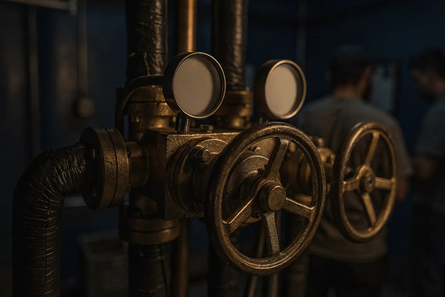 Hydraulischer Verteiler mit gedämmten Leitungen und Ventilgriffen in einem Technikraum, leere Manometer, warmes Licht