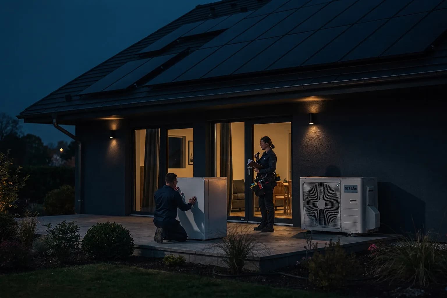 Einfamilienhaus in der Dämmerung mit einer Wärmepumpe neben der Terrasse und Solarmodulen auf dem Dach, warmes Licht in den Fenstern